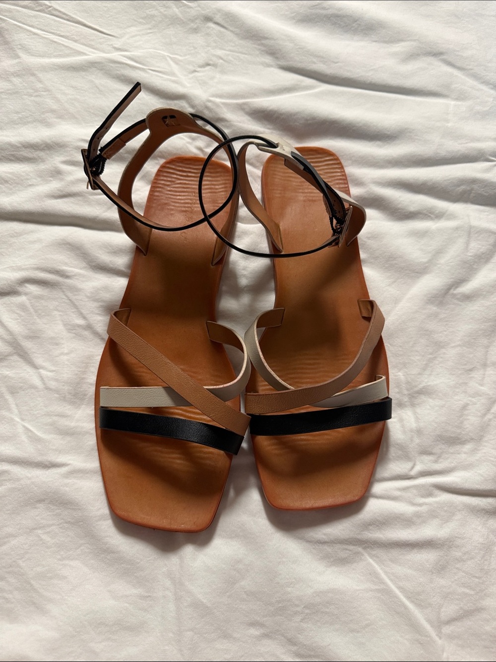 BAMBOO Neutral Strappy Ankle-Sling Sandals in Tan, Black & Cream
